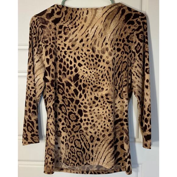 JONES new York Animal Print 3/4 Sleeve Drape Neck Trendy Sexy Top PM - Picture 3 of 7
